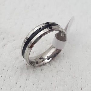 Silver Stainless Steel Black Enamel Band Ring For Men Women Ring Size - 7